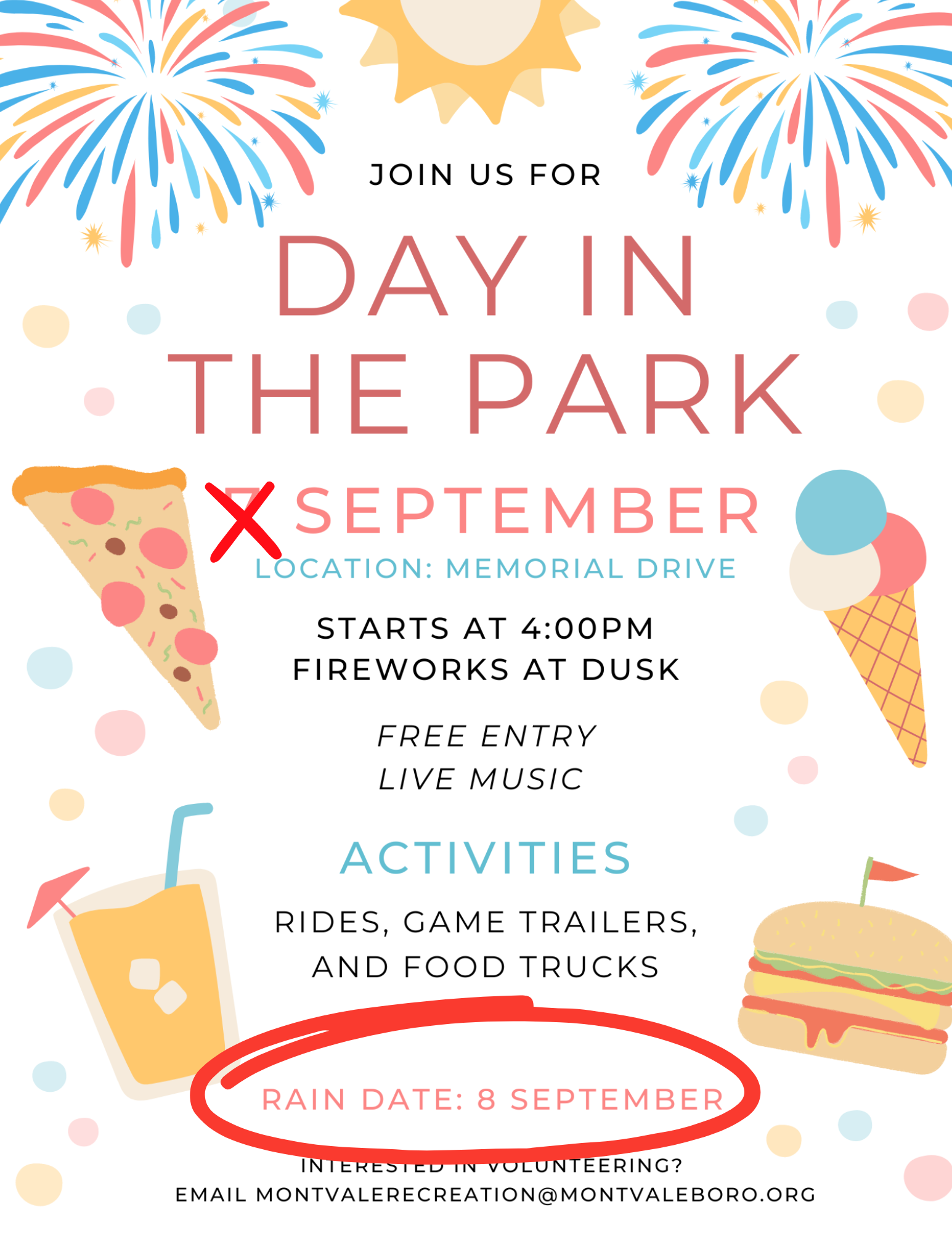 Day in the Park Postponed flyer. Click to open an OCR scanned version of it. The 7 September is crossed out and instead the rain date of 9/8 is circled to indicate the date it is happening.